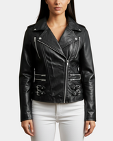 Women Cross Zip Biker Leather Jacket Cara Nova Black